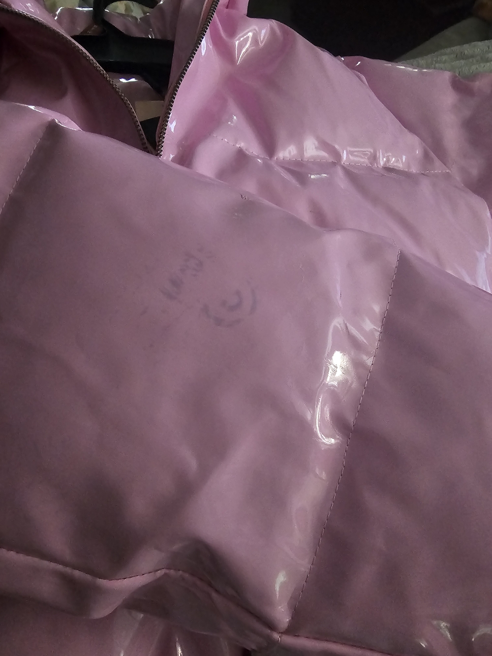 PrettyLittleThing Glossy Light Pink Puffer Jacket With Light Ink Stain